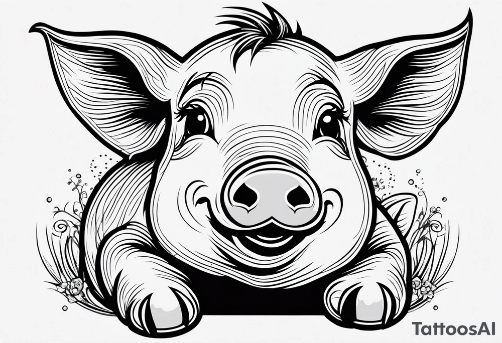 very cute happy piglet with small ears.
outline only.
black and white only.
only show the piglet. no extra lines or decoration.
no black shading.
draw only with very thin lines (1px)

should look like a tattoo that will only take 2 minutes to draw tattoo idea
