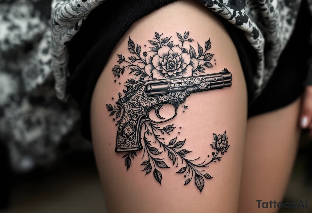 Gun mandala and flowers tattoo idea
