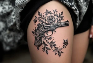 Gun mandala and flowers tattoo idea