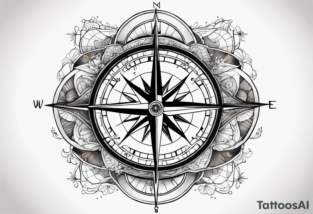 Travel themed for thigh, compass rose overlaid with a map tattoo idea