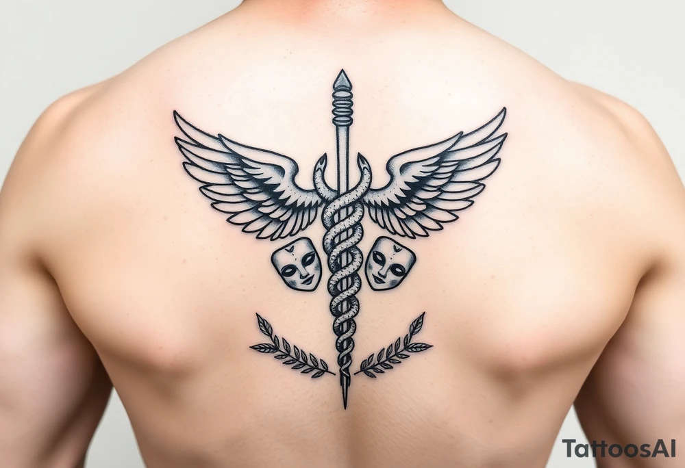 Fine-line black & grey tattoo. Central caduceus with two intertwined snakes and wings. Two drama masks subtly integrated near the base. Light fern leaves as a minimal frame. Gemini duality shown through symmetry of snakes and masks. Clean, elegant, symbolic, vertical composition. tattoo idea