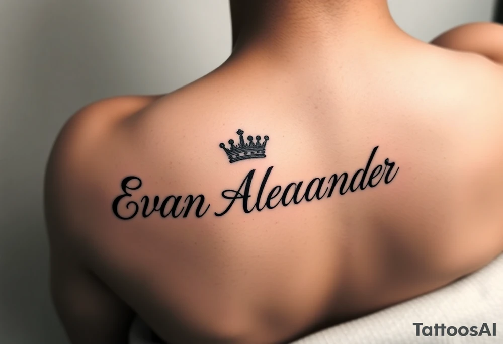 Name tattoo that says Evan Alexander with a crown on forearm tattoo idea