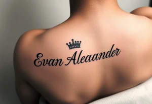 Name tattoo that says Evan Alexander with a crown on forearm tattoo idea