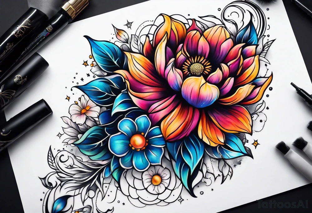 Cosmic space flowers tattoo idea