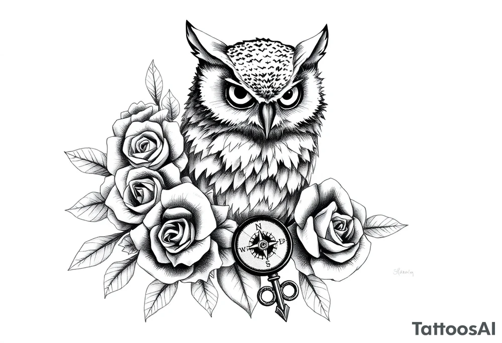 an owl,roses,compass,key. tattoo idea