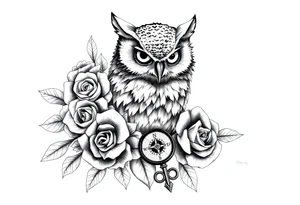 an owl,roses,compass,key. tattoo idea