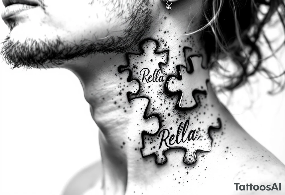 Puzzle piece tattoo on side of the neck  and have a missing piece on the side that says Rella on it. tattoo idea