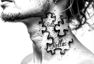 Puzzle piece tattoo on side of the neck  and have a missing piece on the side that says Rella on it. tattoo idea