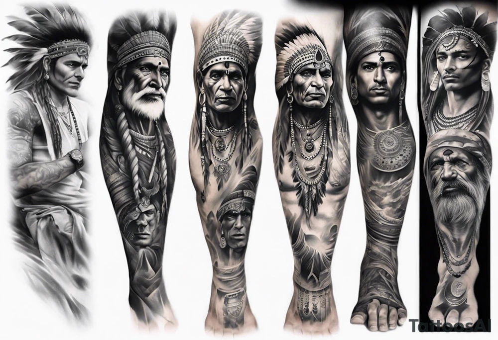 indian theme man face realistic leg sleeve tattoo idea