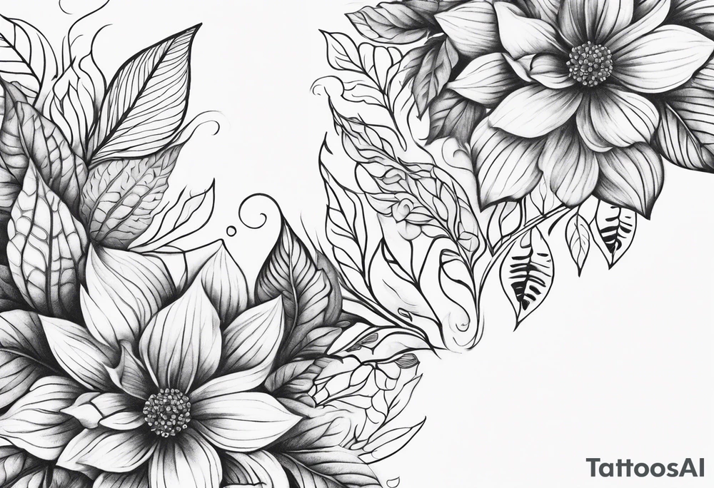 Front knee tattoo with fall colors, flowers, leaves, water flow tattoo idea