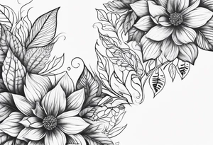 Front knee tattoo with fall colors, flowers, leaves, water flow tattoo idea