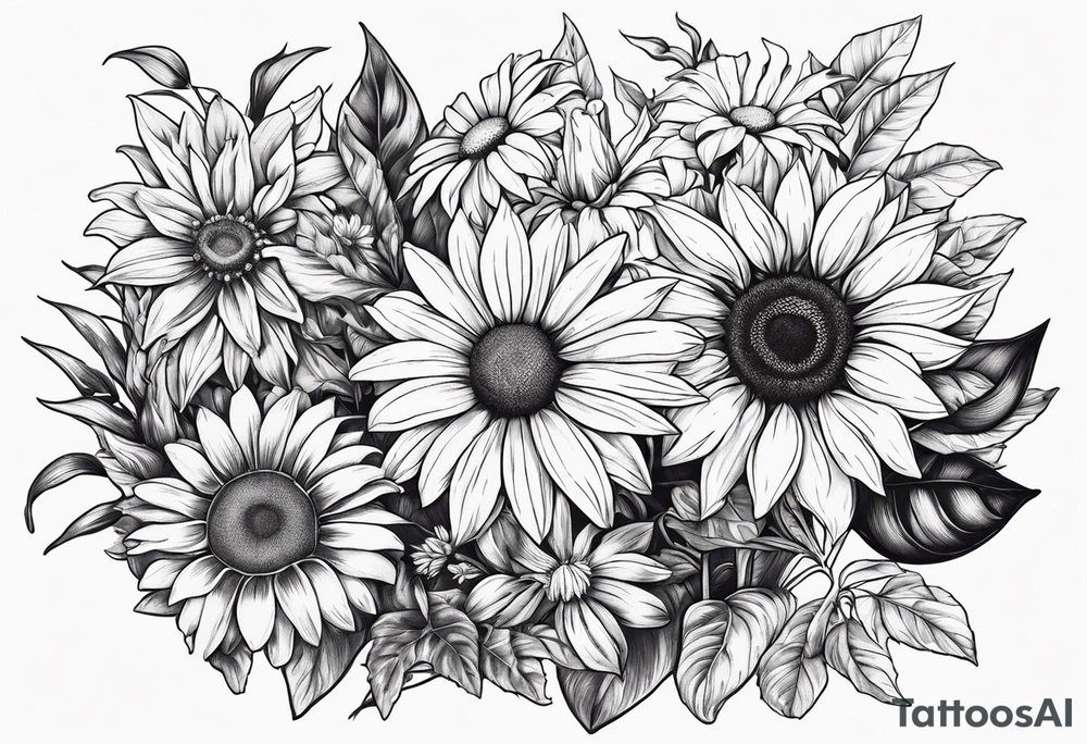 7 leaf pot leaf, daisies, and sunflowers bouquet tattoo idea