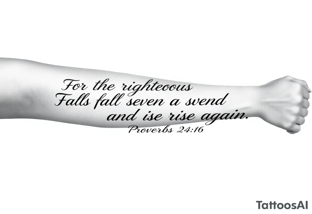 A comprehensive full-length outer forearm tattoo design. The layout is strictly vertical, extending from the elbow down to the wrist on a perfectly flat 2D white background. The text features the complete scripture written out in an elegant, flowing, continuous cursive calligraphy script: "For the righteous falls seven times and rises again. Proverbs 24:16". The lettering is crisp black ink with precise fine-line weights, slight elegant swashes, and soft drop shadows for skin depth. Absolutely solid clean white background, strictly no clouds, no smoke, no background shading. tattoo idea