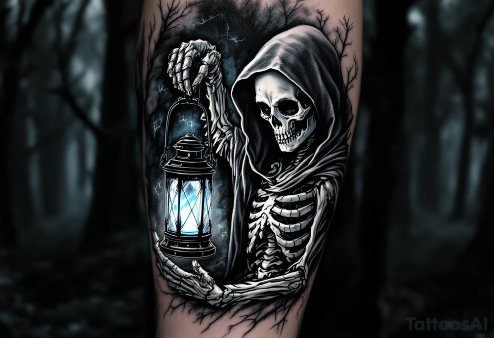 A skeletal Reaper holding a lantern glowing with soft blue light inside a haunted forest. tattoo idea