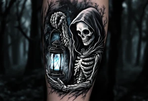 A skeletal Reaper holding a lantern glowing with soft blue light inside a haunted forest. tattoo idea