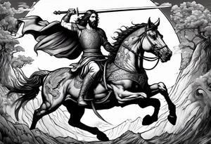 Jesus slaying a dragon with a sword while riding a horse tattoo idea