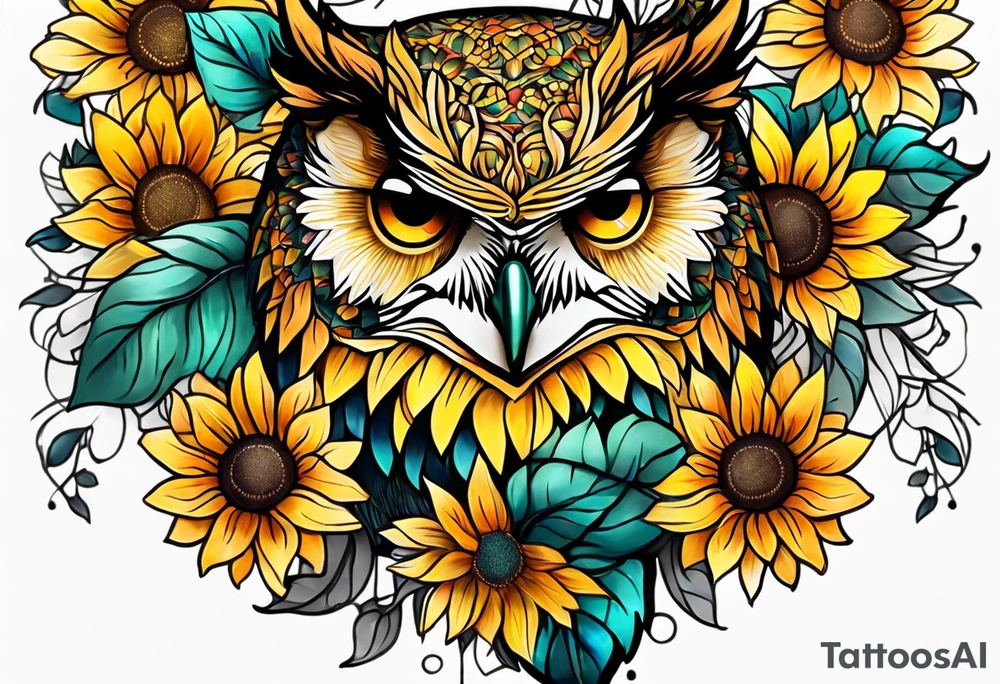 Leg sleeve with colorful sunflowers and an owl tattoo idea