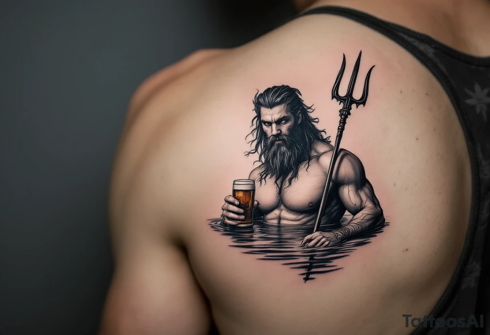 young, fit poseidon in calm water, holding a trident, holding a beer tattoo idea