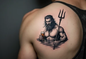 young, fit poseidon in calm water, holding a trident, holding a beer tattoo idea