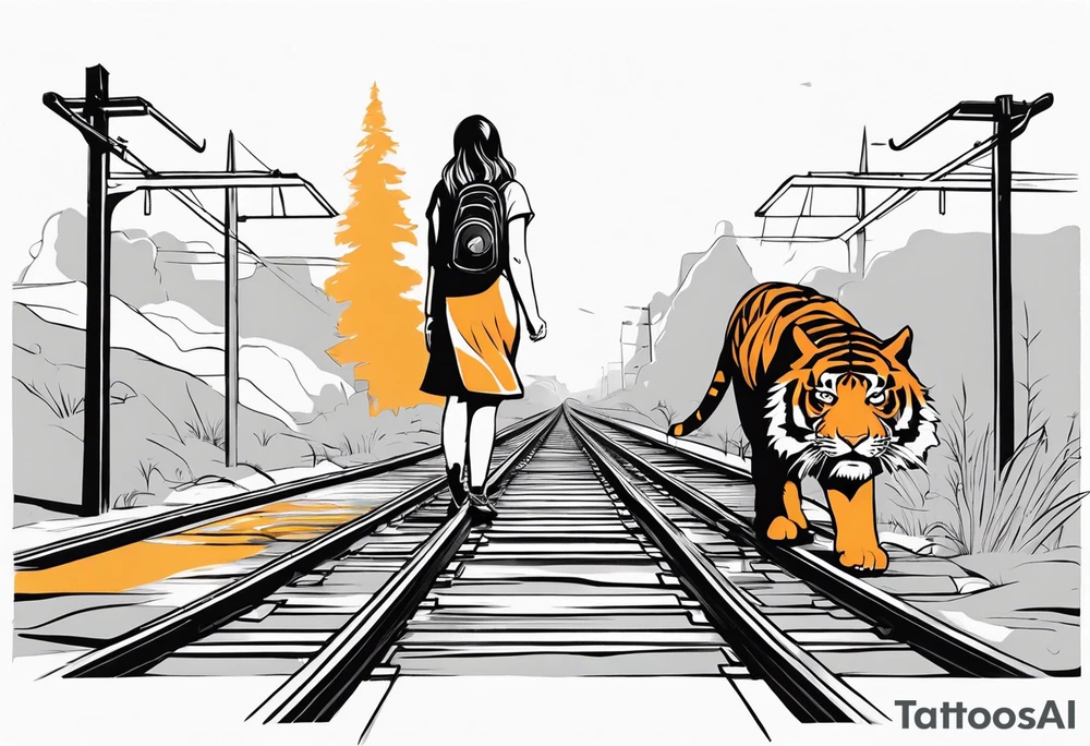 Bells cracking train track in the middle with a girl wearing tiger mask tattoo idea