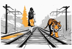 Bells cracking train track in the middle with a girl wearing tiger mask tattoo idea