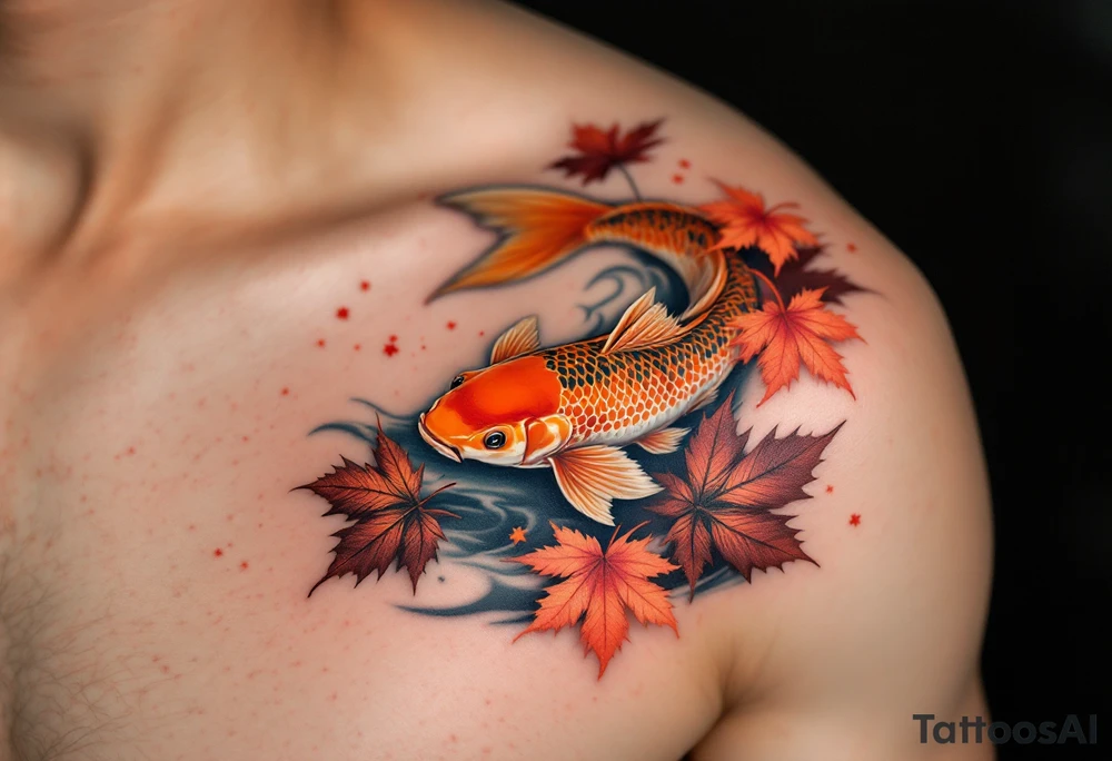 Fiery Orange Koi with Maple Leaves – A bright orange koi fish darting through falling red and brown Japanese maple leaves, embodying change and seasonal flow. tattoo idea