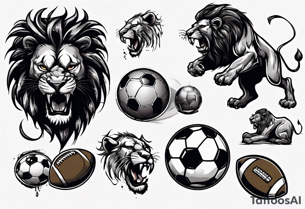 black lion eating a football tattoo idea