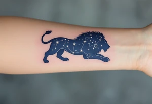 A deep navy lion rests in profile, with each star of the Leo constellation tattooed in radiant silver along its spine. tattoo idea