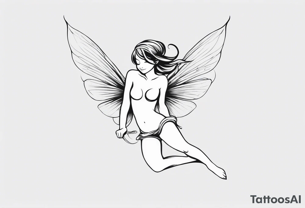 Minimalistic, monochromatic fairy with a tail flying to the left in a fetal position, leaning and looking in the same direction, with visible hands, embodying the 'Fairy Tail' logo aesthetic. tattoo idea