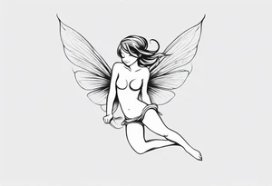 Minimalistic, monochromatic fairy with a tail flying to the left in a fetal position, leaning and looking in the same direction, with visible hands, embodying the 'Fairy Tail' logo aesthetic. tattoo idea
