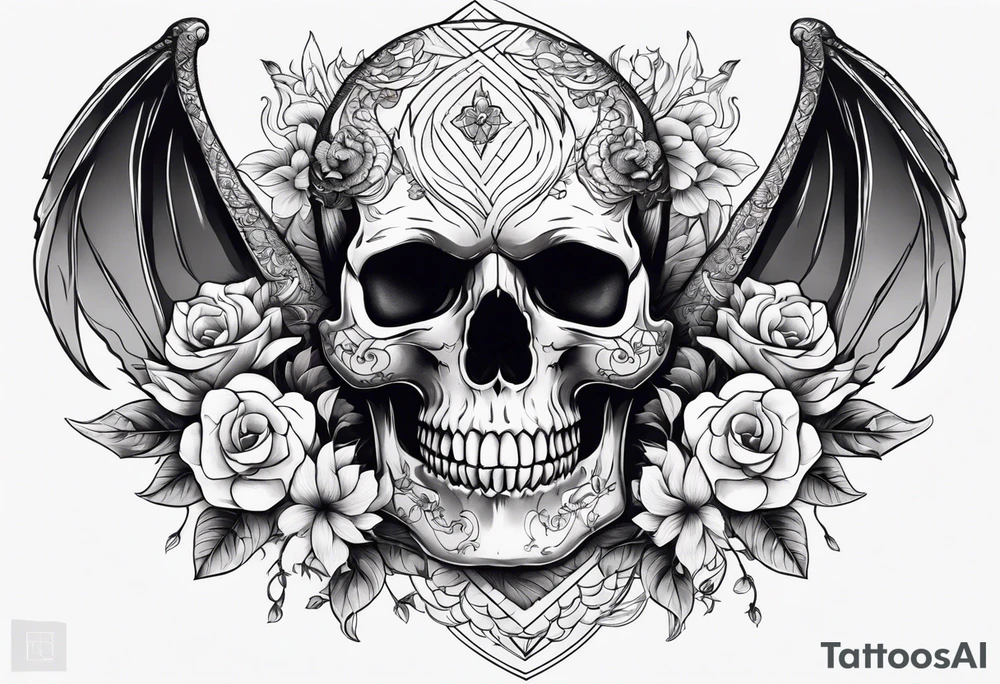 Skull dragon wings with flowers, back tattoo tattoo idea