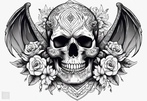 Skull dragon wings with flowers, back tattoo tattoo idea
