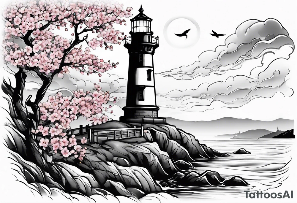 cherry blossom with lighthouse tattoo idea