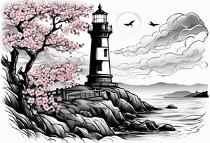 cherry blossom with lighthouse tattoo idea