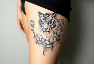 fierce tiger emerging through blooming lotus flowers in mist tattoo idea