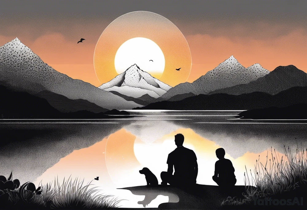nature, sunset, mountains, a father and son sitting with their dog and cat 
by the water tattoo idea