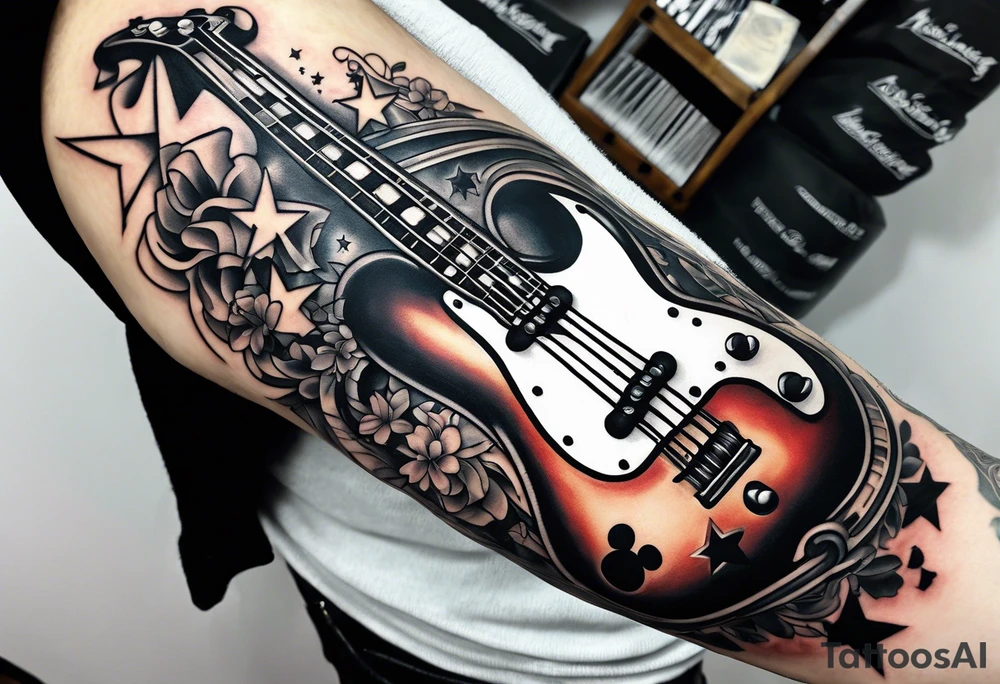 Tattoo full left arm with a collage of a bass guitar, mickey mouse symbol, a medicine caduceus, two stars tattoo idea