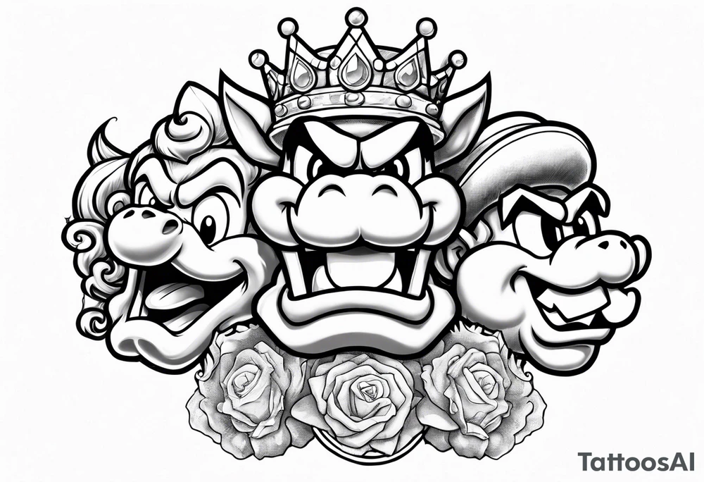 bowser holding Mario and Luigi severed heads with princess peach by bowsers side tattoo idea