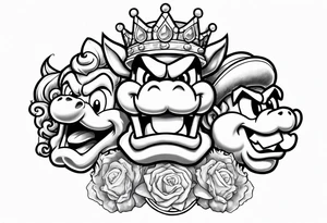 bowser holding Mario and Luigi severed heads with princess peach by bowsers side tattoo idea