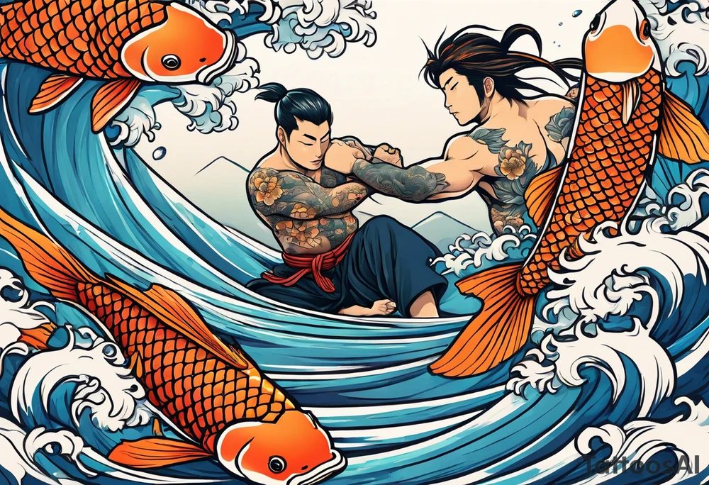 Kintaro doing a ju jitsu rear naked choke to a koi fish traditional tattoo idea