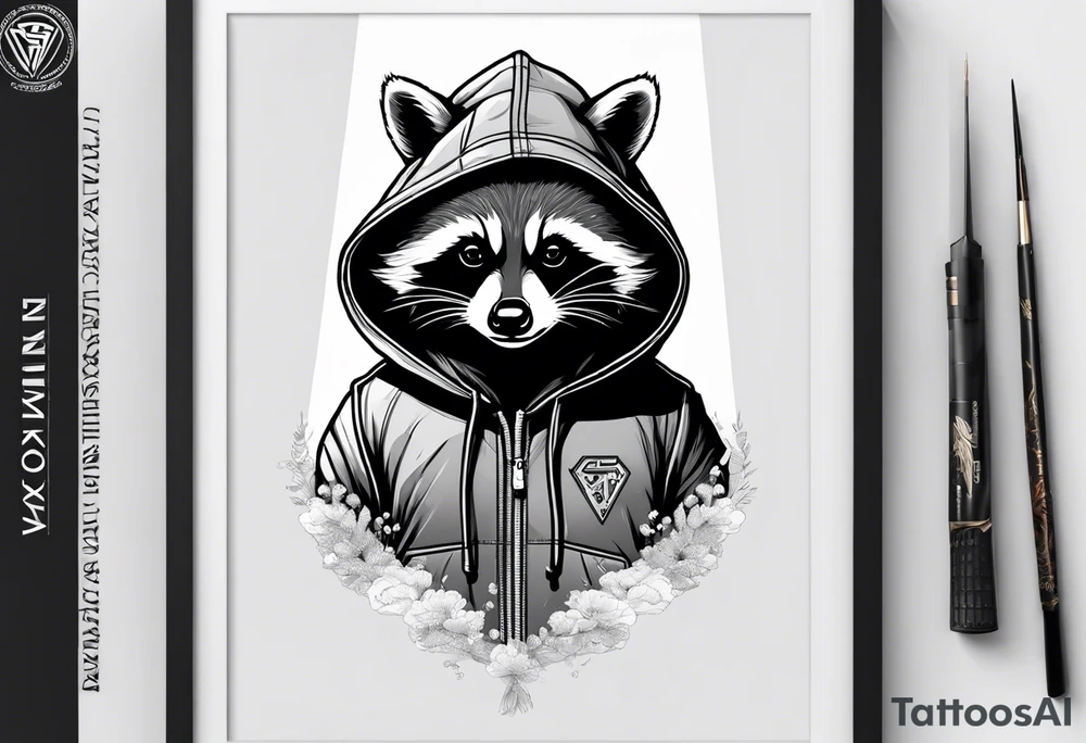 raccoon wearing a Superman hoodie tattoo idea