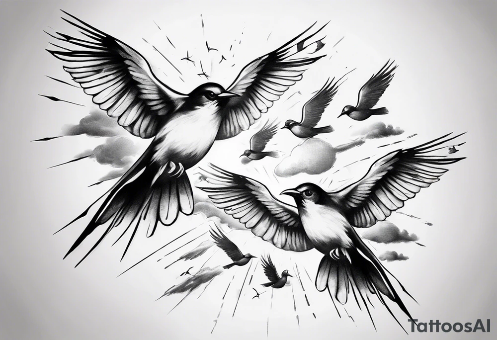 shoulder tattoo with light rays with birds flying free among the clouds tattoo idea
