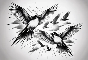 shoulder tattoo with light rays with birds flying free among the clouds tattoo idea