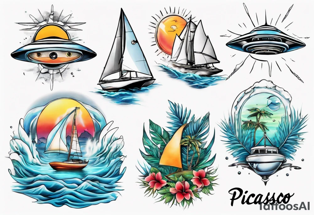 Tropical water with a sailing boat and a UFO tattoo idea
