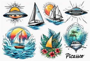 Tropical water with a sailing boat and a UFO tattoo idea