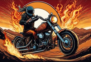 A single eyeball with arms & legs & a mustache riding a motorcycle with flames coming out the pipes. The rider should be face on and there should be a desert scene in the background tattoo idea