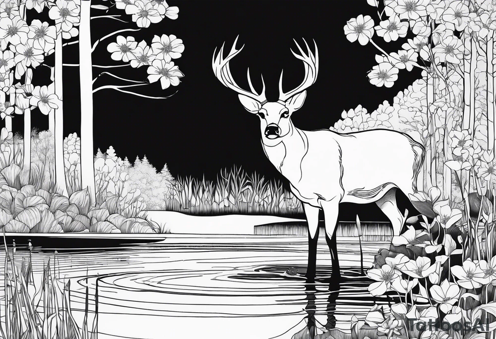 Pond with lots of trees in the background, dogwood flowers , with a deer tattoo idea