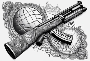 Arm tattoo sleeve include ak-47, tennis racket, fitness, motivational quote, sun, tattoo idea