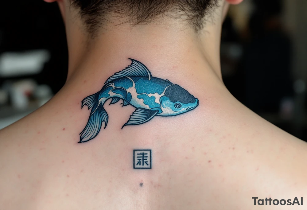 静 (jìng, “serenity”) in pale blue flows beside a koi fish to represent calm persistence. tattoo idea