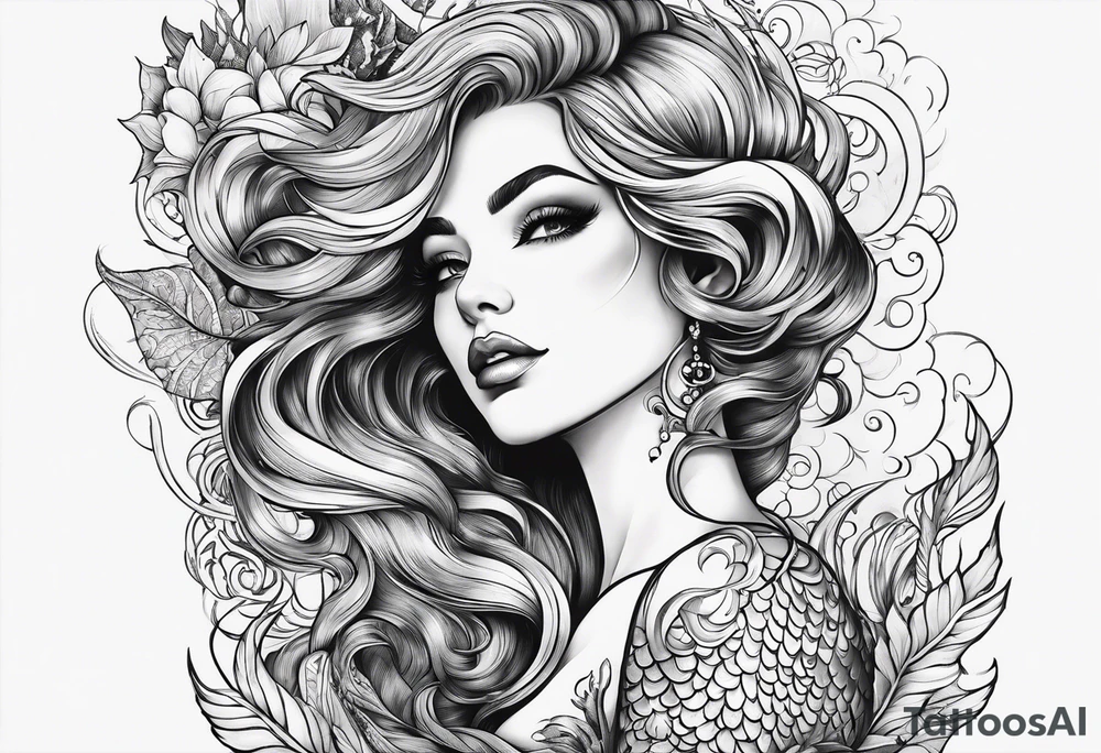 mermaid in line art american tattoo vintage style full body tattoo idea